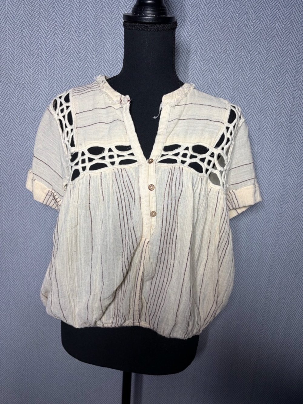 Free People Ivory Crochet Cedar Lace Pull-over Striped Peasant Blouse Boho LRG